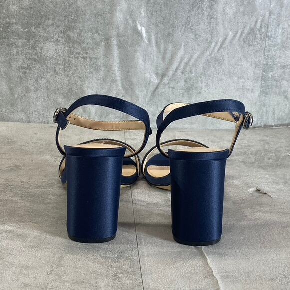 NINA Women's New Navy Satin Haven Rhinestone Ankle-Strap Block-Heel Sandals - Picture 5 of 10
